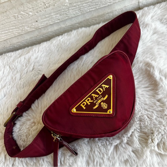 Prada Handbags - PRADA Vintage Burgundy Maroon Triangle Nylon Re-Edition Fanny Pack Belt Bag